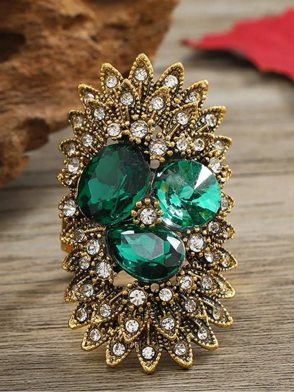 Anthropologie Gold-Tone Ring with Emerald Green Crystals